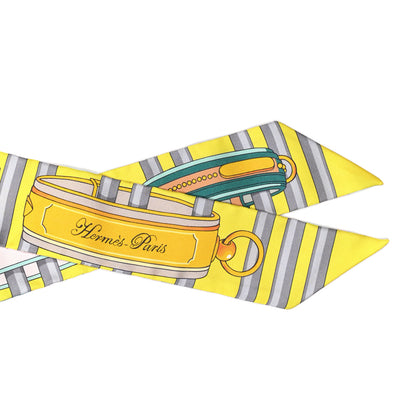 Hermes Silk Colliers De Chiens Remix Twilly Jaune Vif Gris Perle 3 of 4