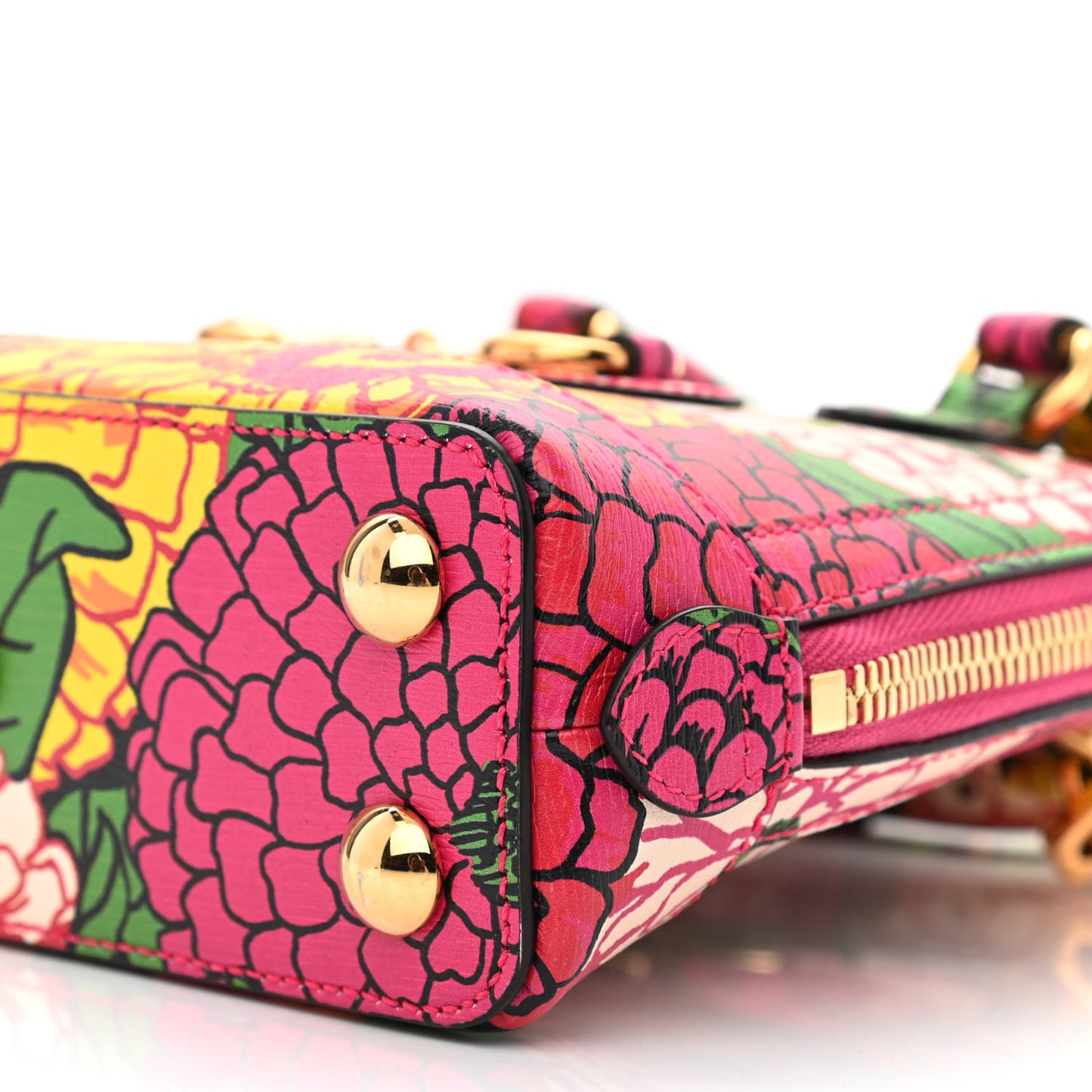 X KEN SCOTT Textured Calfskin Pomponica Print Mini Horsebit 1955 Top Handle Bag Multicolor Fuxia Pompom