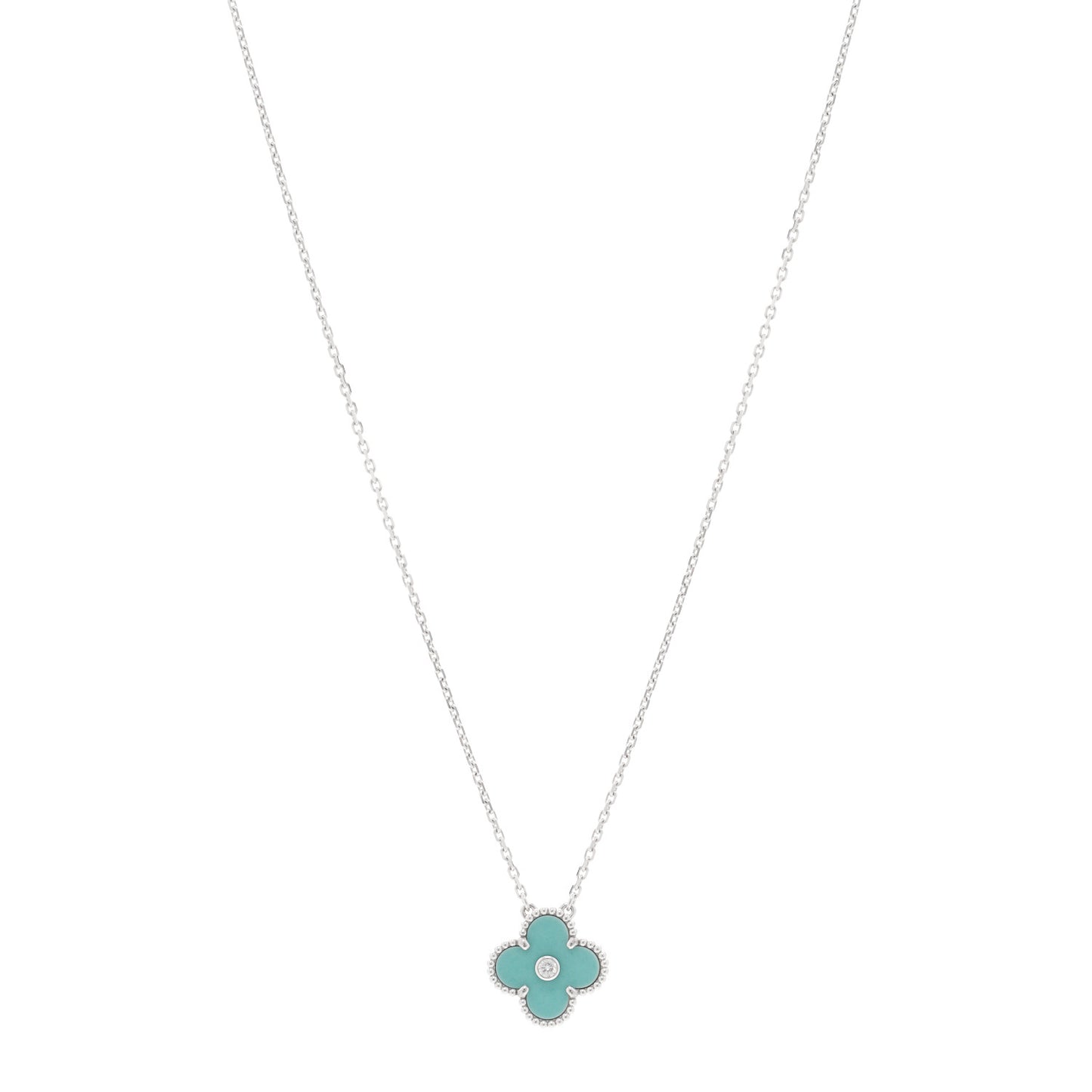 18K White Gold Diamond Celadon Green Sevres Porcelain Vintage Alhambra Pendant Necklace
