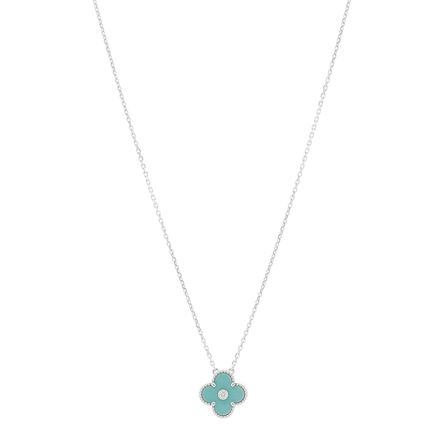 Van Cleef & Arpels 18K White Gold Diamond Celadon Green Sevres Porcelain Vintage Alhambra Pendant Necklace 1 of 5