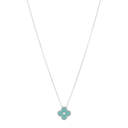 Van Cleef & Arpels 18K White Gold Diamond Celadon Green Sevres Porcelain Vintage Alhambra Pendant Necklace 1 of 5