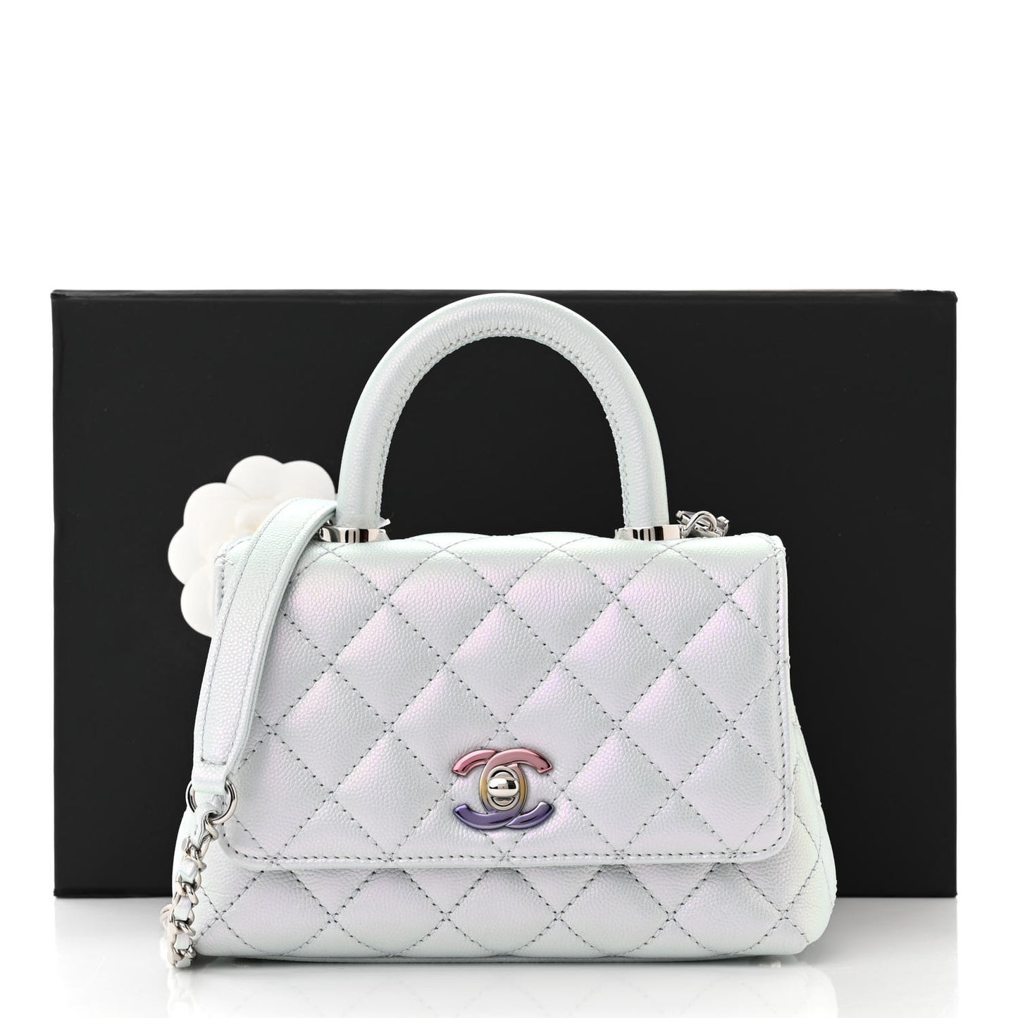 Iridescent Caviar Quilted Extra Mini Coco Handle Flap Light Blue