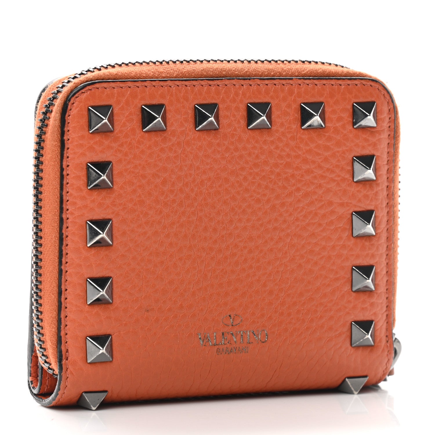 Valentino Garavani Pebbled Calfskin Rockstud Compact Zip Around Wallet Orange 3 of 11