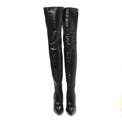 Fendi Vitello Lucido Stretch Fabric Striped Rockoko Thigh High 105mm Sock Boots 38 Black 3 of 7