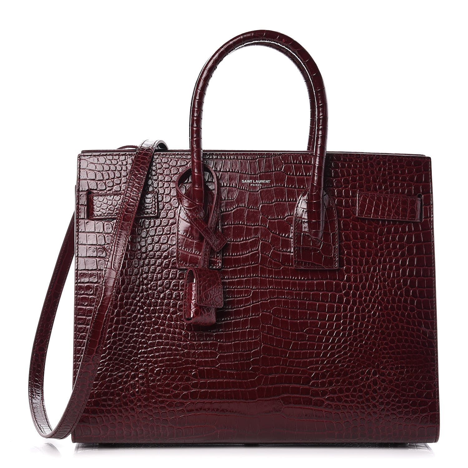 Saint Laurent Calfskin Crocodile Embossed Small Sac de Jour Wine 1 of 15