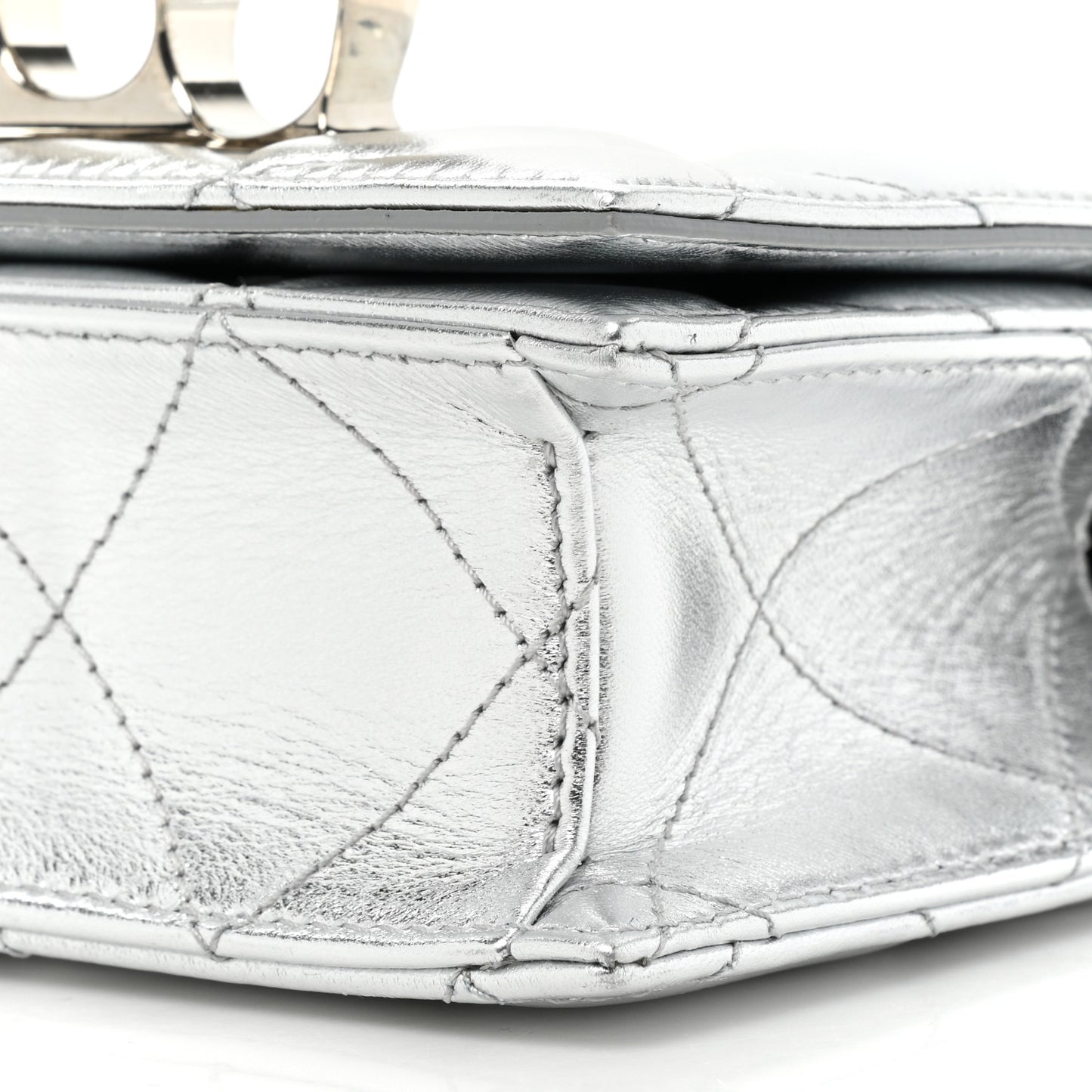 Metallic Lambskin Quilted Knuckle Shoulder Bag Silver