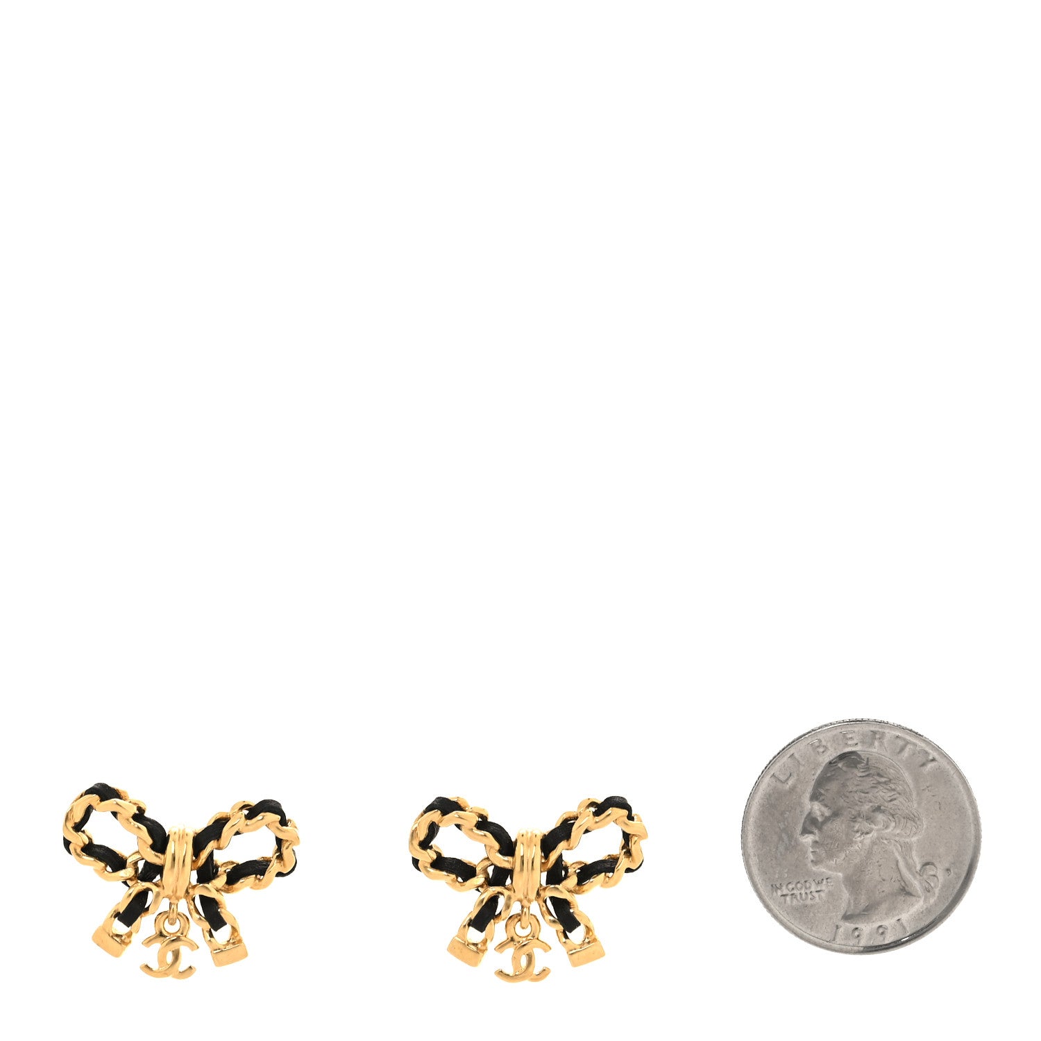 Chanel Lambskin Chain Bow Stud Earrings Black Gold 2 of 4