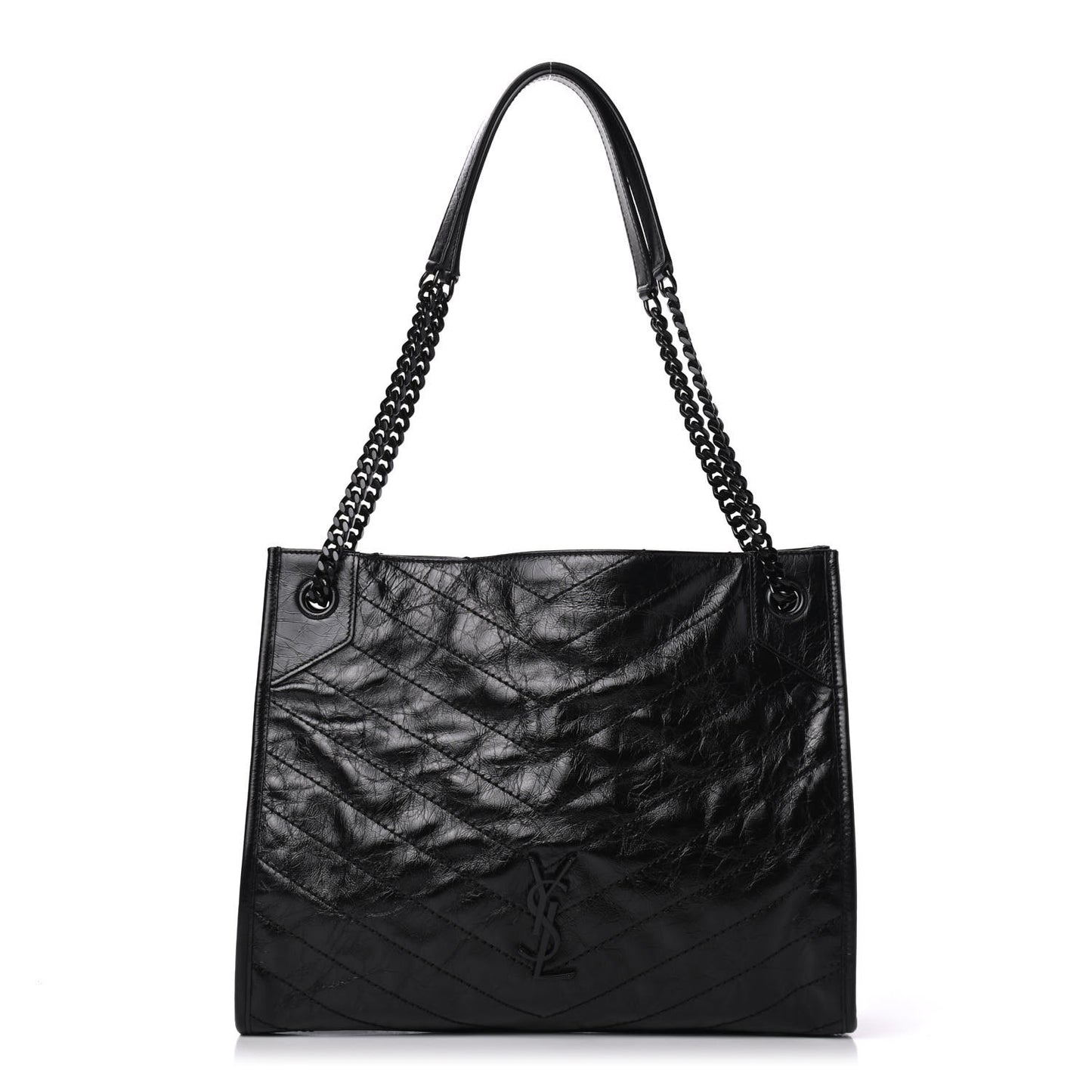 Crinkled Calfskin Matelasse Monogram Medium Niki Shopper Tote Black