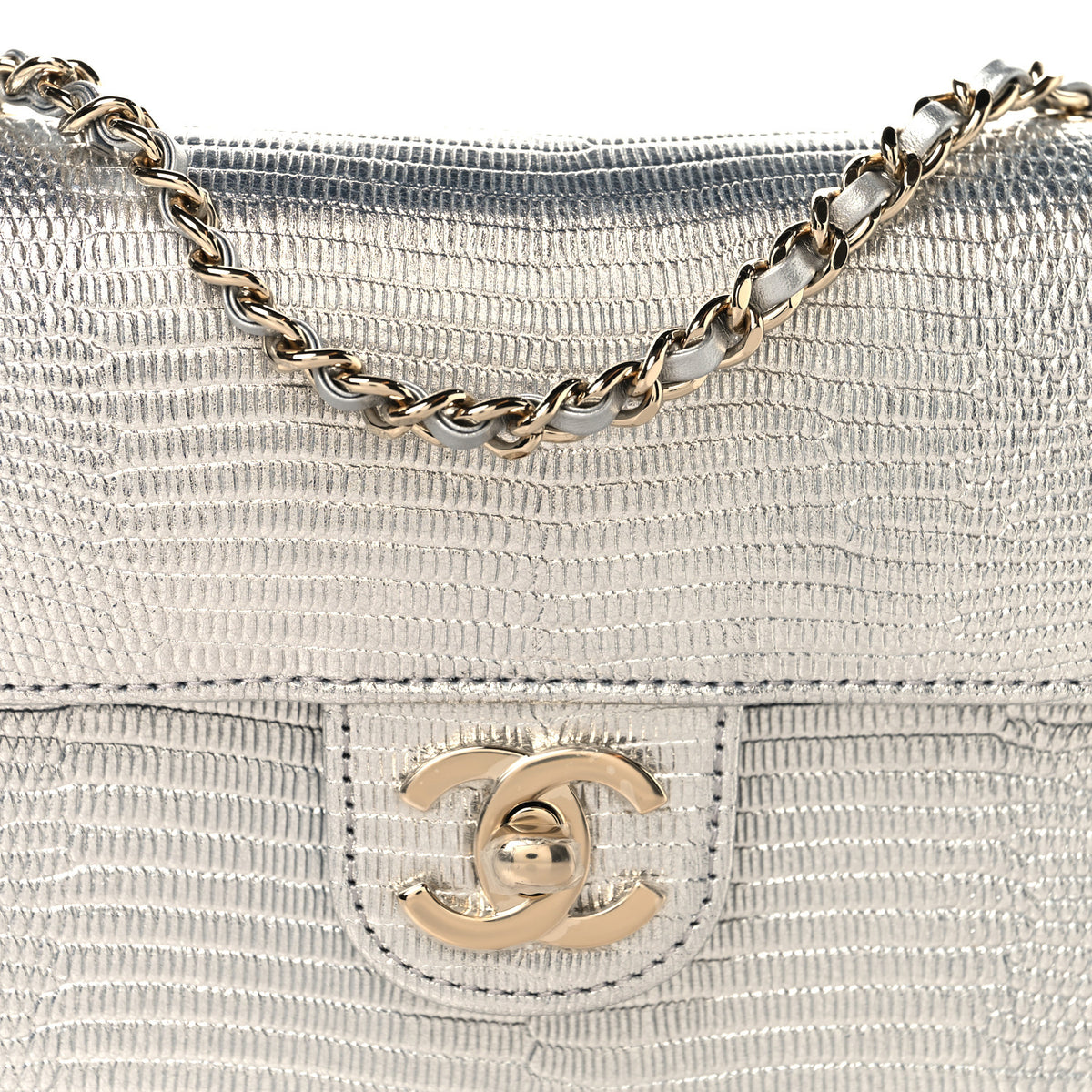 Chanel Metallic Calfskin Lizard Embossed Small East West Flap Silver 8 of 11
