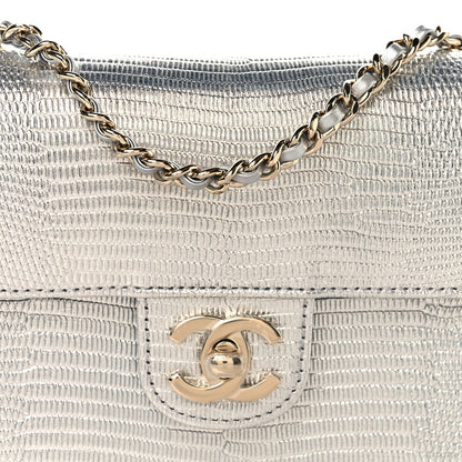 Chanel Metallic Calfskin Lizard Embossed Small East West Flap Silver 8 of 11