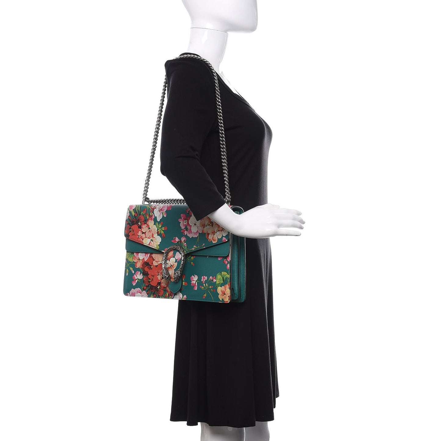 Calfskin Blooms Print Medium Dionysus Shoulder Bag Bright Emerald Multicolor