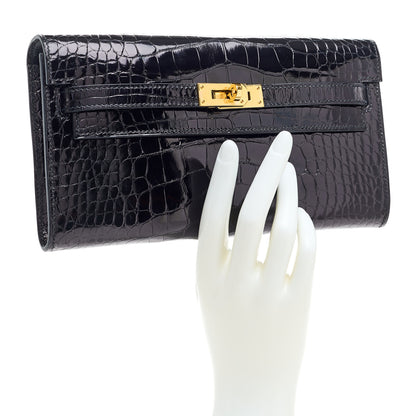 Hermes Shiny Alligator Kelly Wallet To Go Black 2 of 10