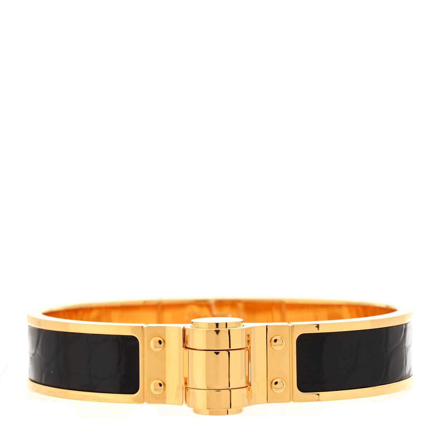 Hermes Shiny Alligator Charniere Cuir Narrow Hinged Bracelet M Black 1 of 4