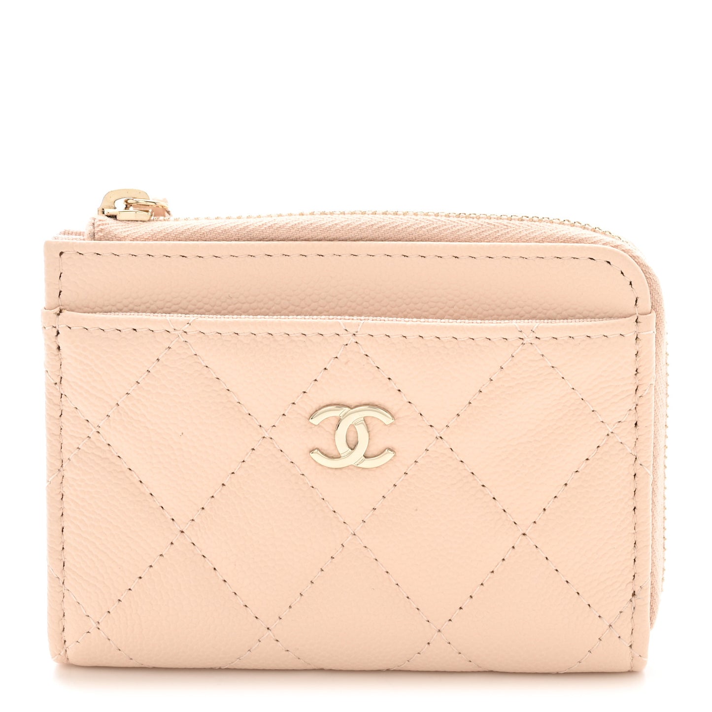 Caviar Quilted CC Zip Around Card Holder Beige
