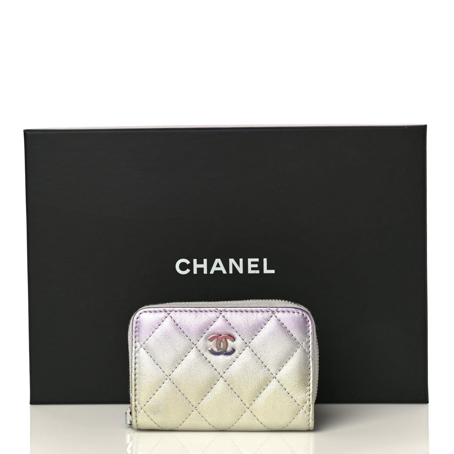 Chanel Gradient Metallic Calfskin Quilted Zip Around Coin Purse Wallet Silver Blue Yellow Purple 11 of 11