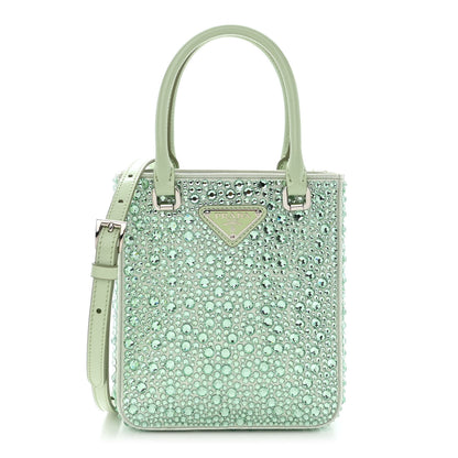 Prada Satin Crystal Metal Triangle Logo Small Double Handle Crossbody Tote Acqua 1 of 10