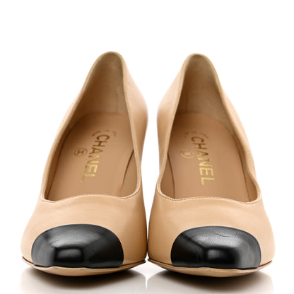 Chanel Lambskin Cap Toe Metal Heel Pumps 37.5 Beige Black 2 of 9