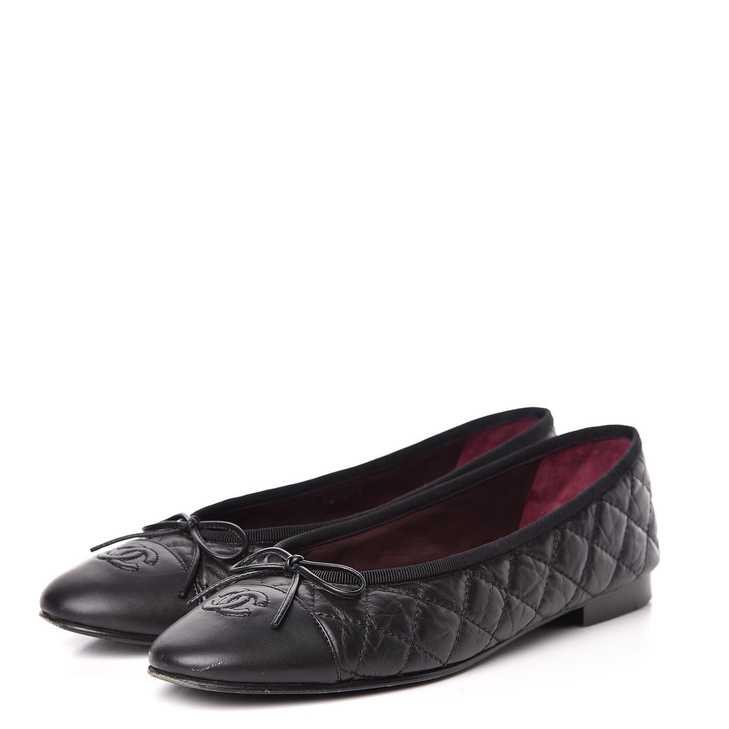 Aged Calfskin Quilted Cap Toe Ballerina Flats 39.5 Black