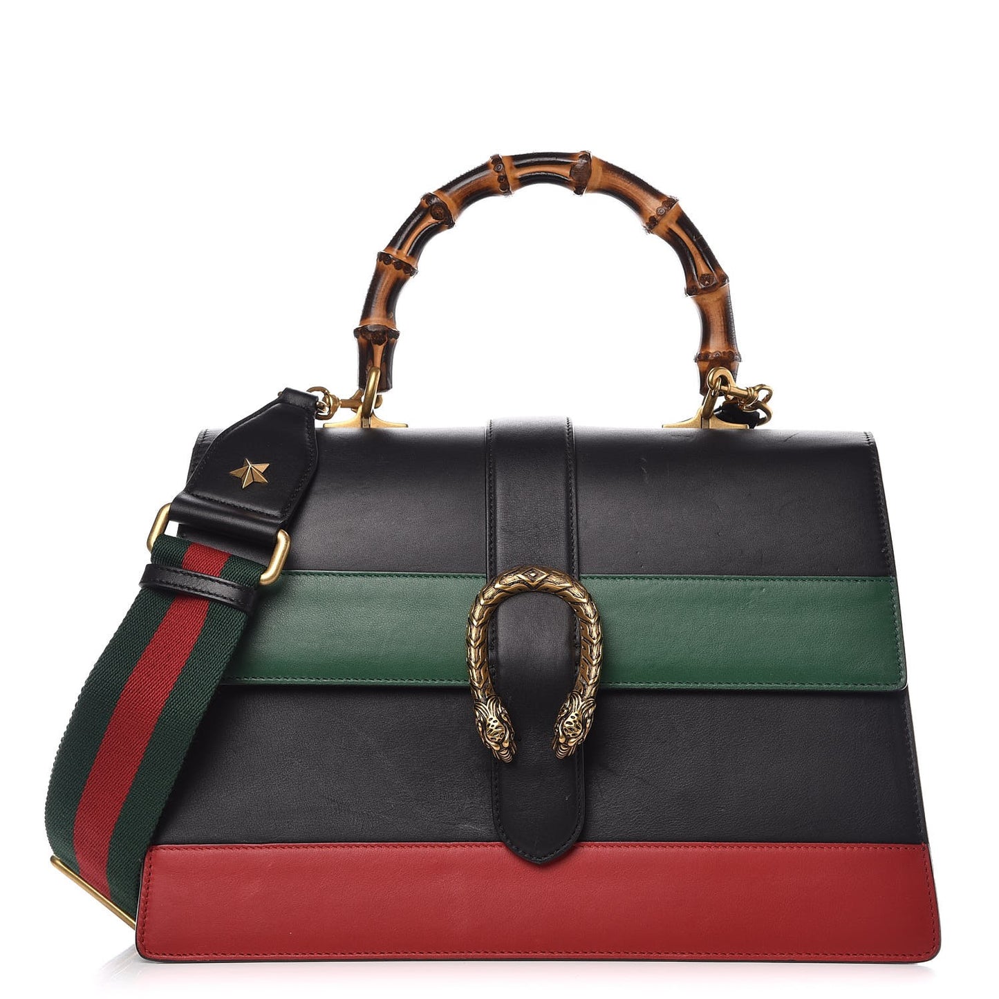 Calfskin Bamboo Web Large Dionysus Top Handle Bag Black Bright Evergreen Hibiscus Red