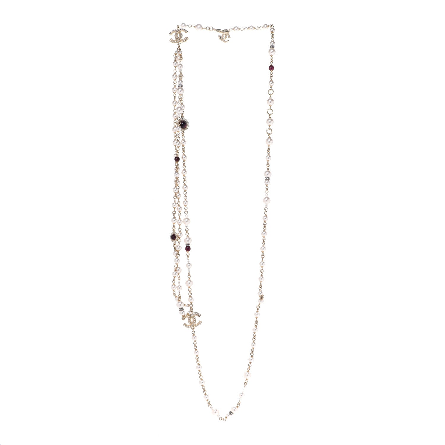 Chanel Crystal Pearl CC Long Multi Strand Necklace Red Gold 3 of 5