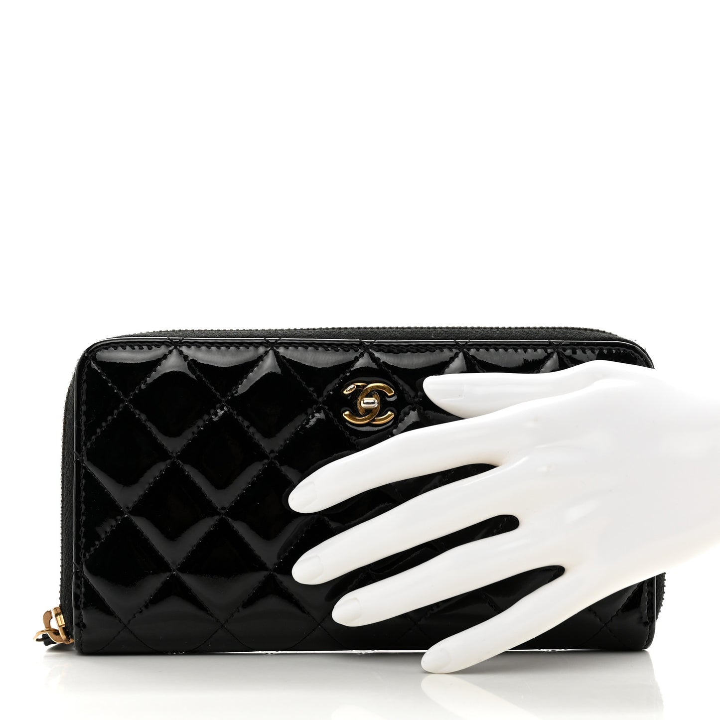 Patent Quilted Small Zip Around Wallet Black