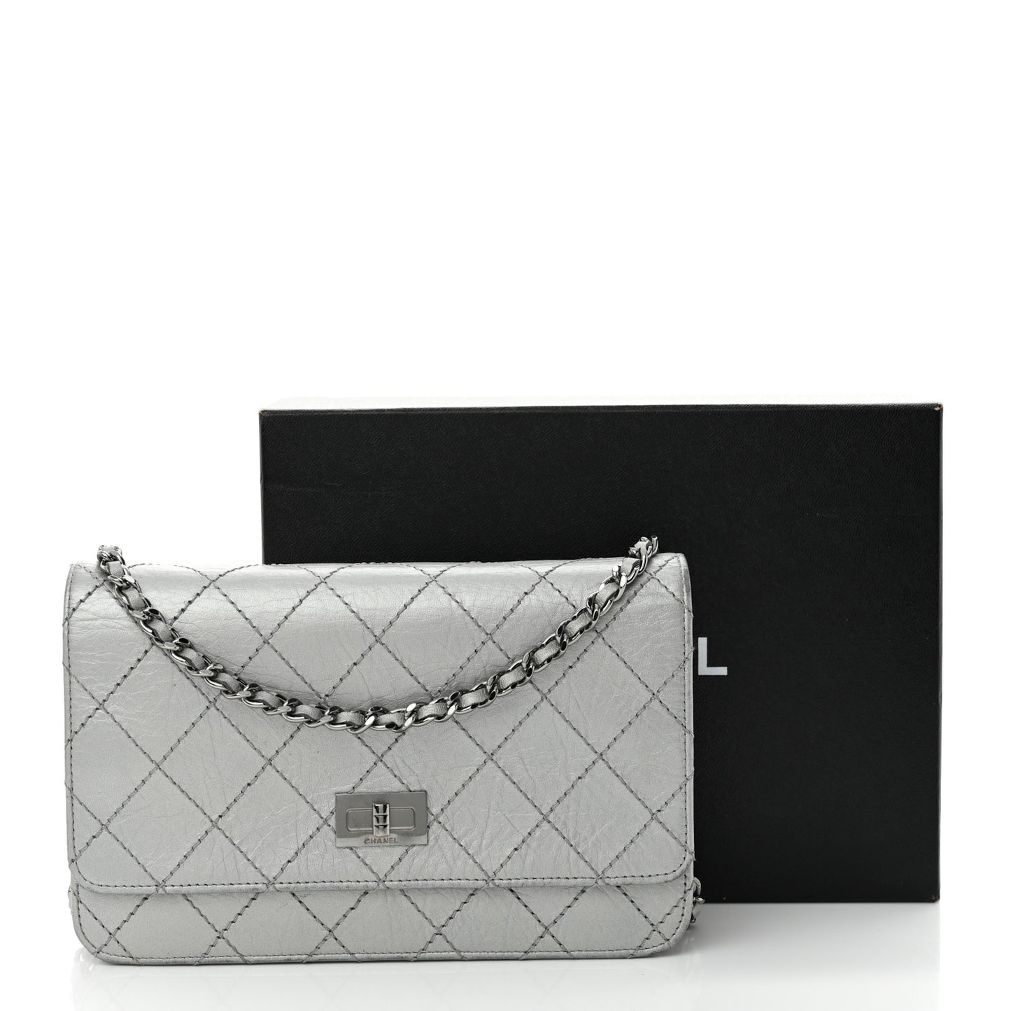 Metallic Aged Calfskin Quilted Reissue Wallet On Chain WOC Silver