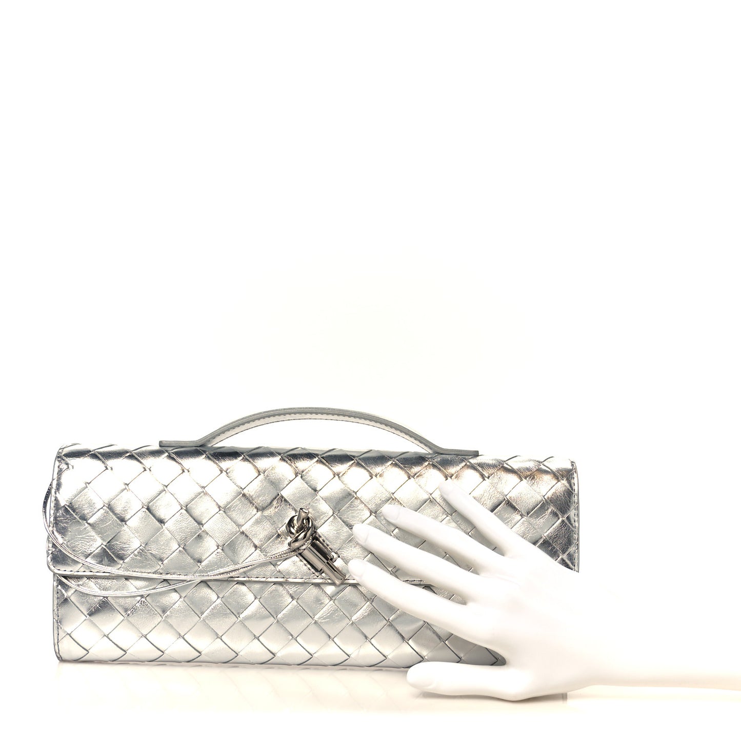 Metallic Lambskin Intrecciato Long Andiamo Top Handle Clutch Silver
