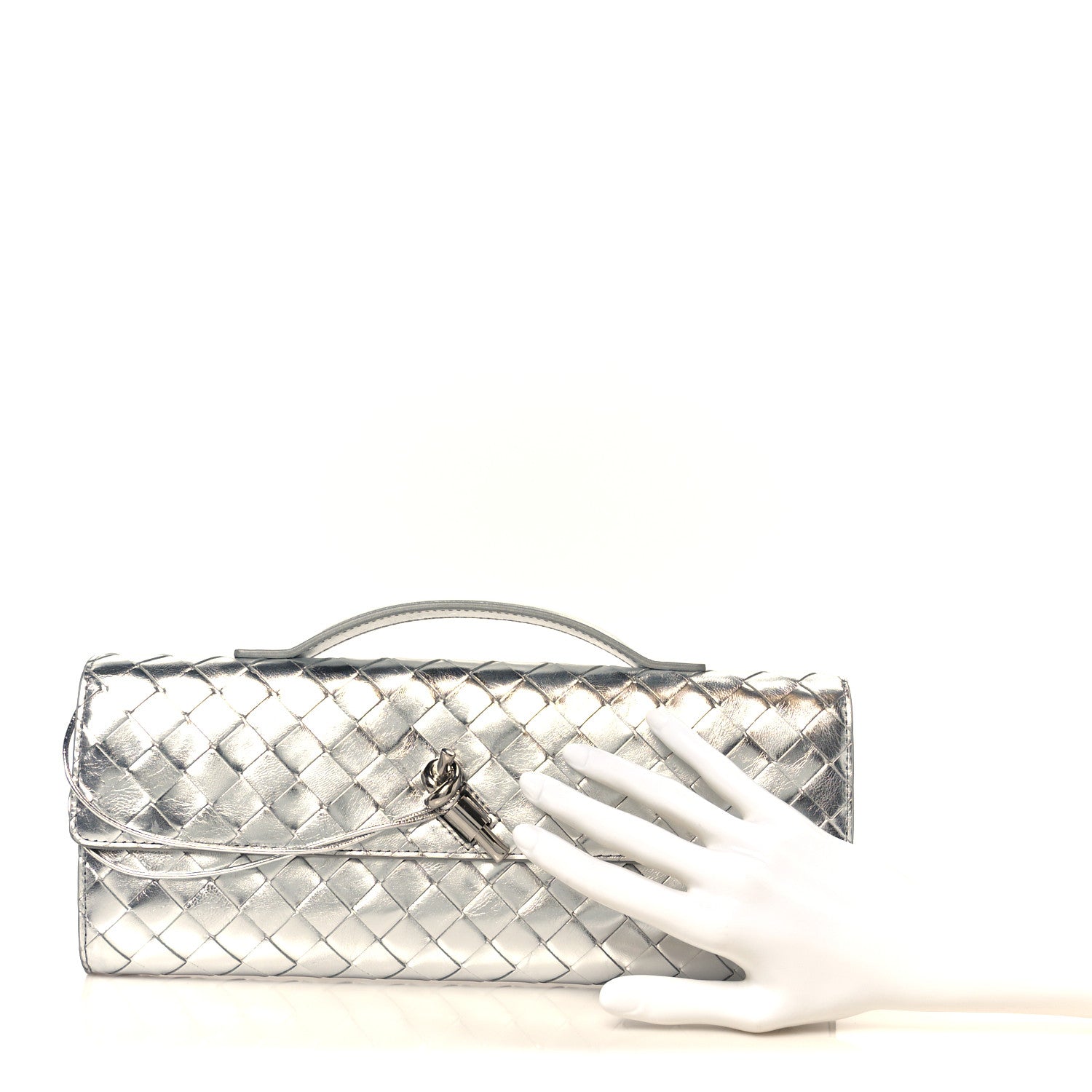Bottega Veneta Metallic Lambskin Intrecciato Long Andiamo Top Handle Clutch Silver 2 of 10