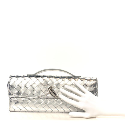 Bottega Veneta Metallic Lambskin Intrecciato Long Andiamo Top Handle Clutch Silver 2 of 10