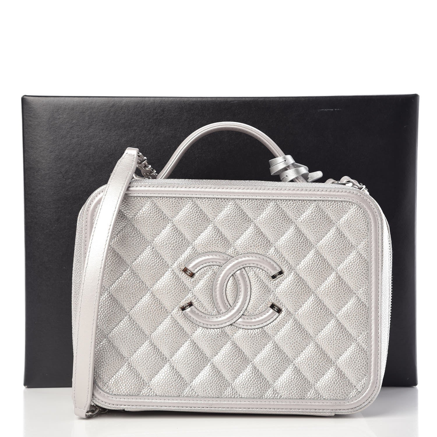 Chanel Metallic Caviar Quilted Large CC Filigree Vanity Case Silver 9 of 9