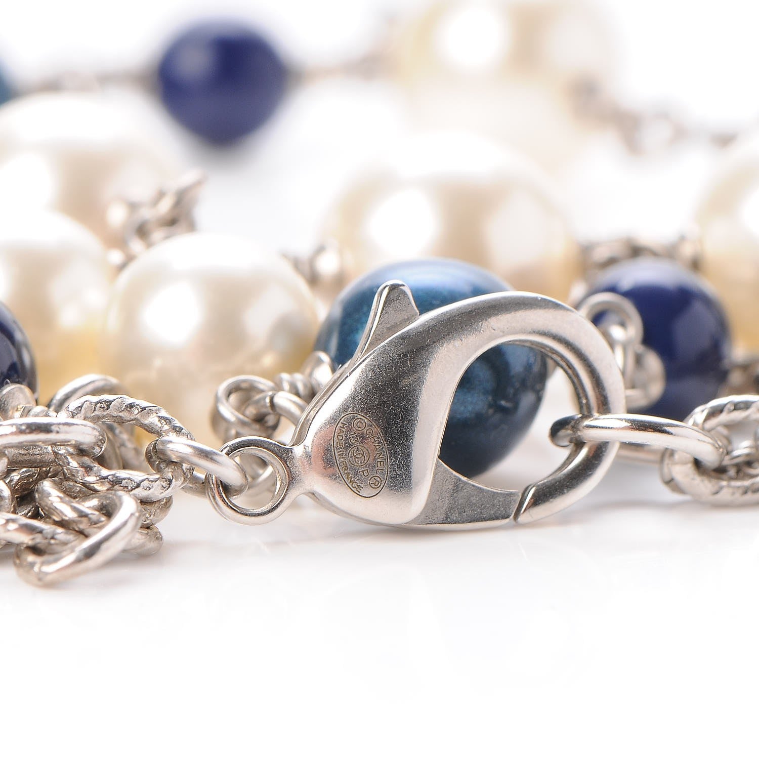 Chanel Pearl Bead CC Long Necklace Blue Silver 6 of 7