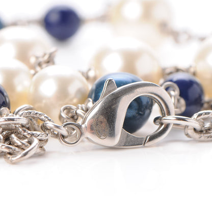 Chanel Pearl Bead CC Long Necklace Blue Silver 6 of 7