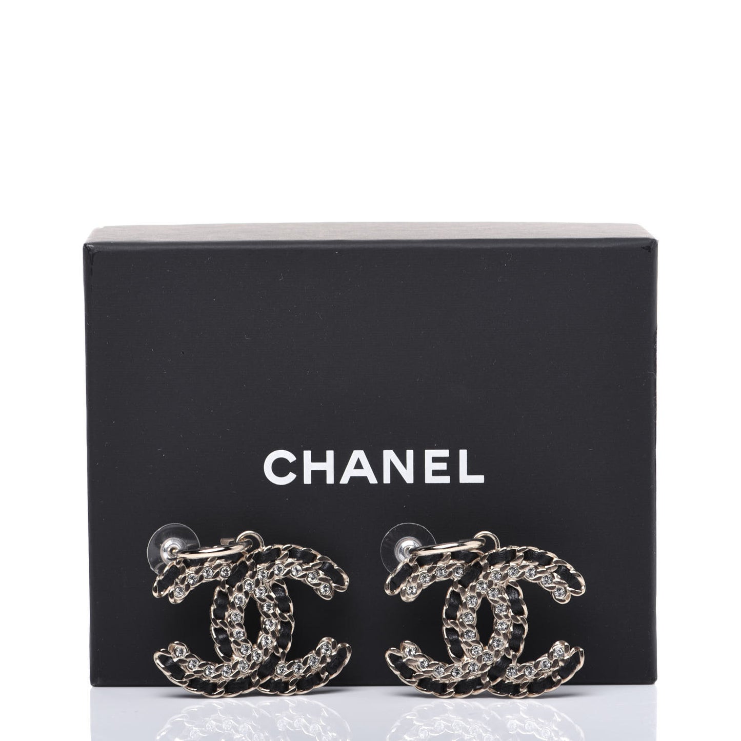 Crystal Lambskin Chain CC Vintage Allure Stud Earrings Black Gold