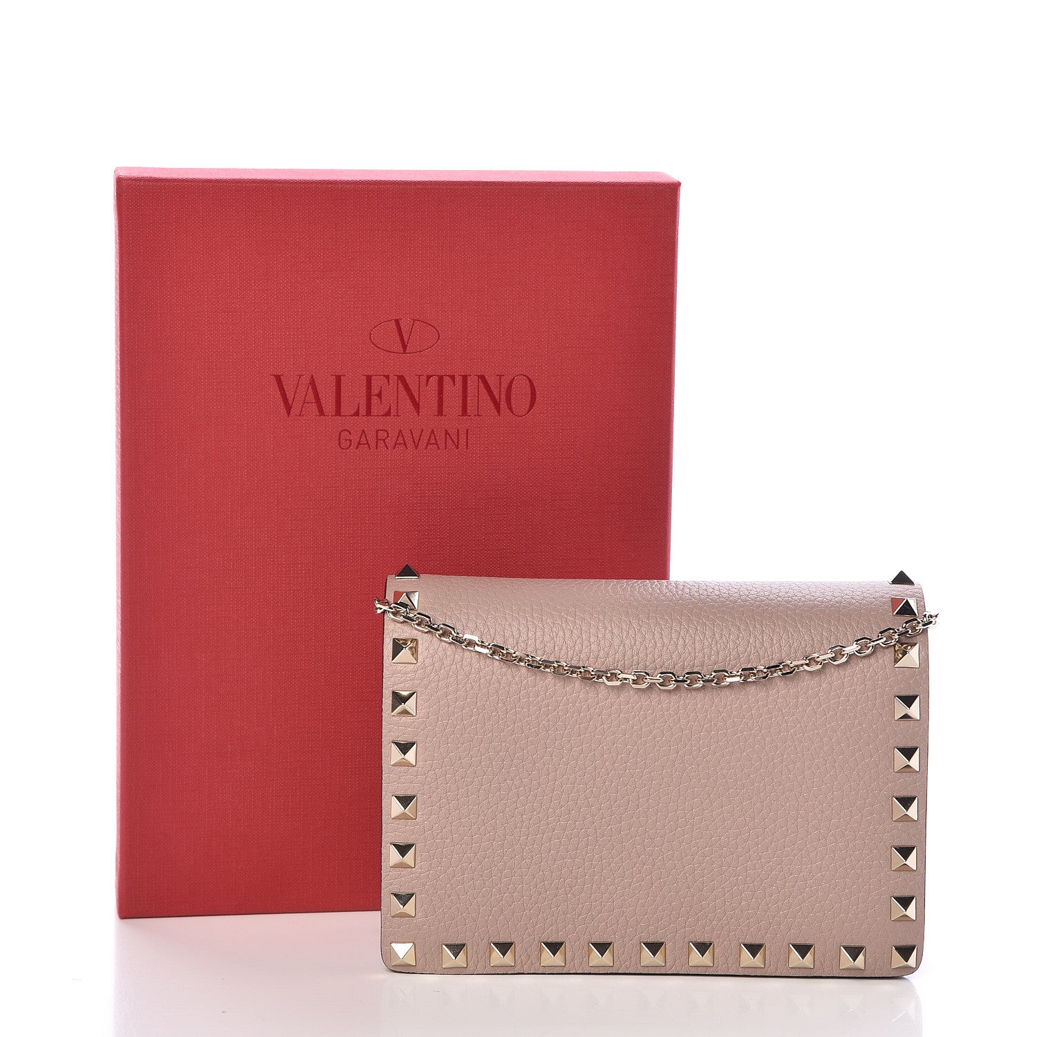 Valentino Garavani Pebbled Calfskin Rockstud Wallet on Chain Poudre 10 of 10