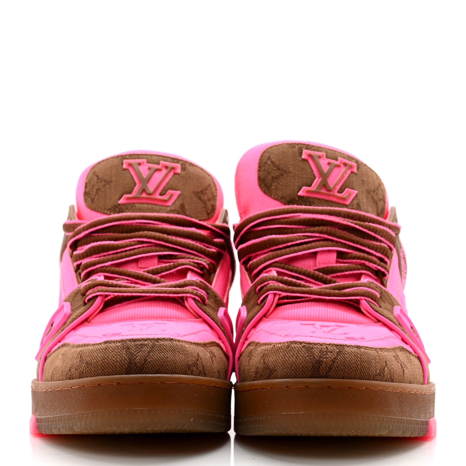 Louis Vuitton Calfskin Monogram Denim Mens LV Trainer Sneakers 8.5 Pink Brown 2 of 10
