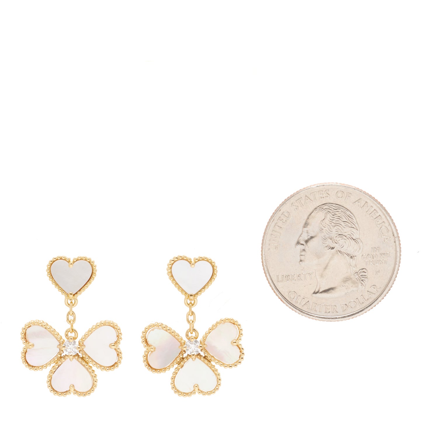 18K Yellow Gold Diamond Mother of Pearl Effeuillage Sweet Alhambra Heart Earrings