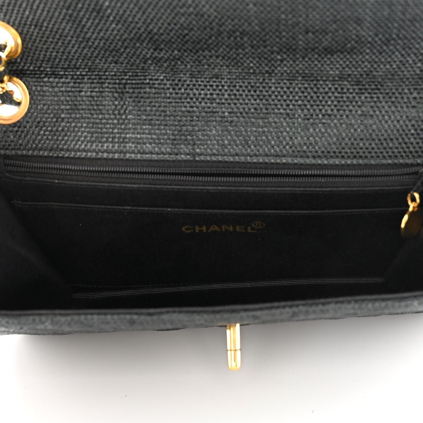 Woven Raffia Quilted CC Fringe Flap Black