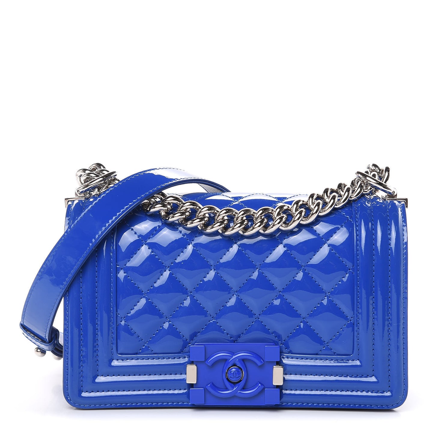 Patent Calfskin Quilted Small Plexiglass Boy Flap Blue