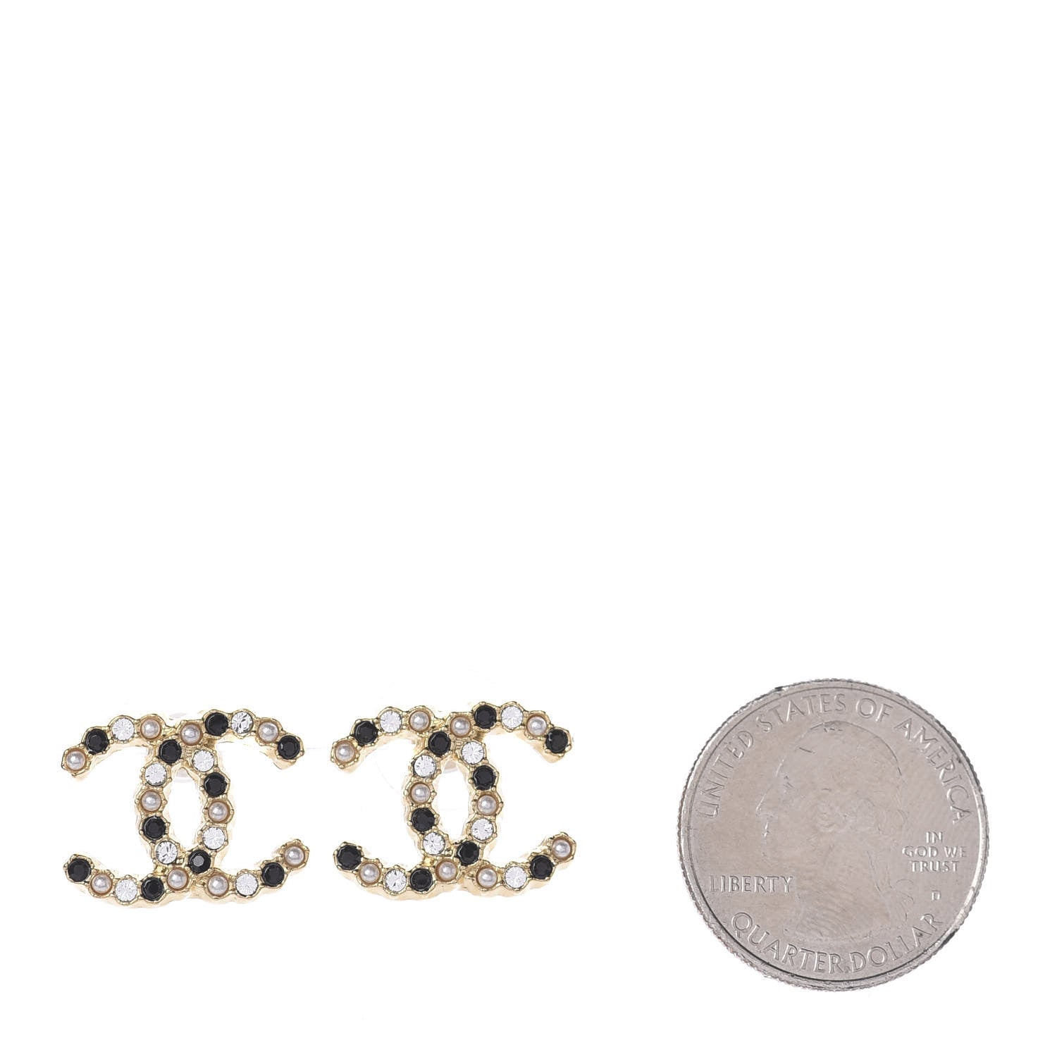 Chanel Resin Pearl Crystal CC Earrings Gold Black 2 of 4