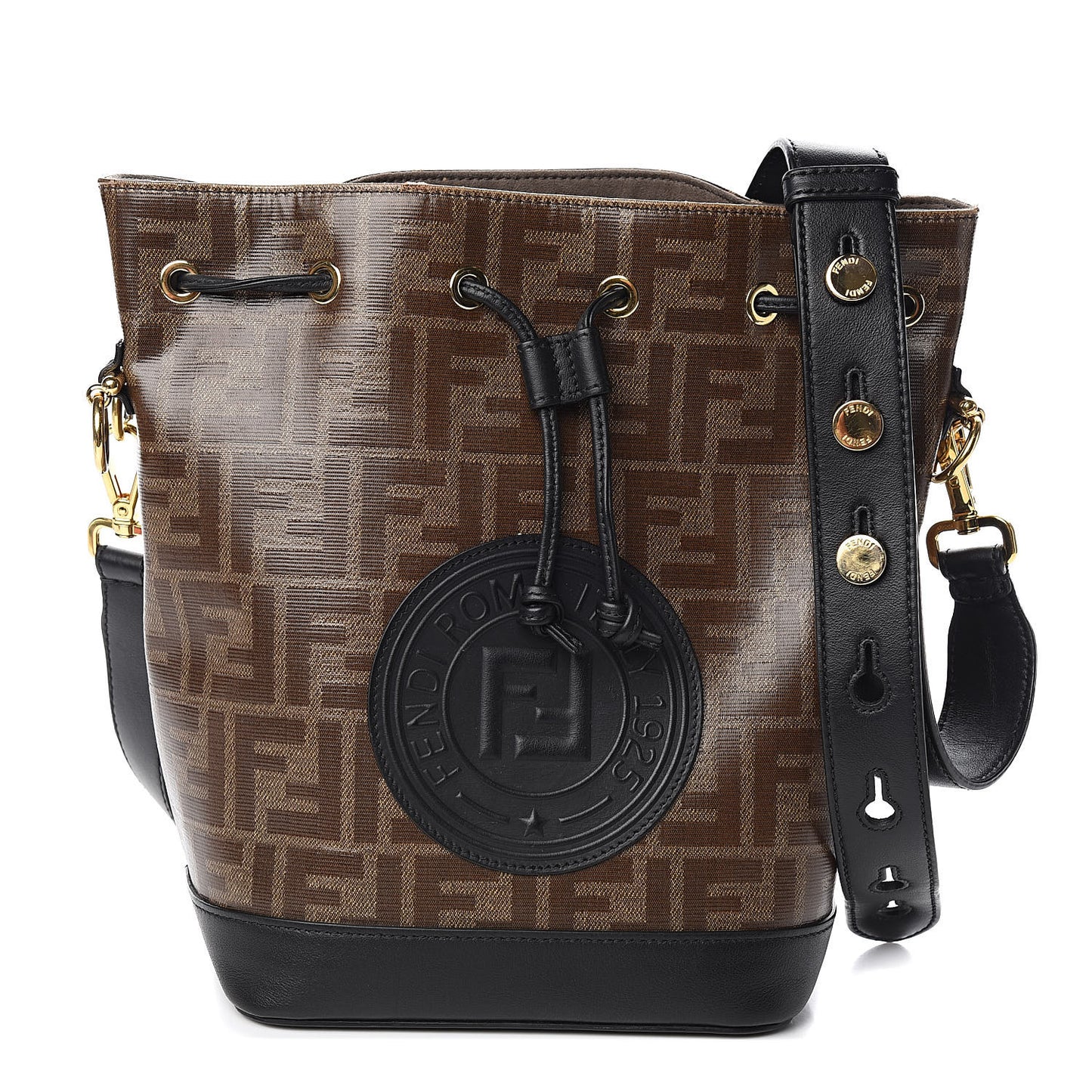 Glazed Fabric Vitello Grace F is Fendi FF 1974 Stamp Patch Grande Mon Tresor Bucket Bag Mogano Panna Black