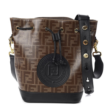 Fendi Glazed Fabric Vitello Grace F is Fendi FF 1974 Stamp Patch Grande Mon Tresor Bucket Bag Mogano Panna Black 1 of 10