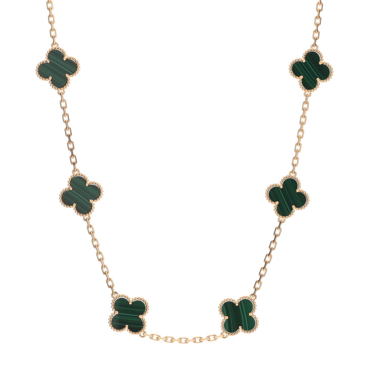 18K Yellow Gold Malachite 10 Motifs Vintage Alhambra Necklace