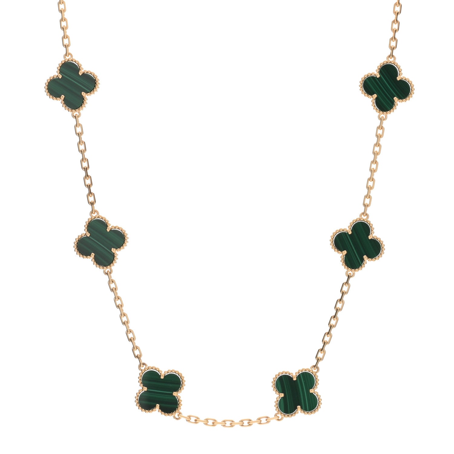 Van Cleef & Arpels 18K Yellow Gold Malachite 10 Motifs Vintage Alhambra Necklace 1 of 3