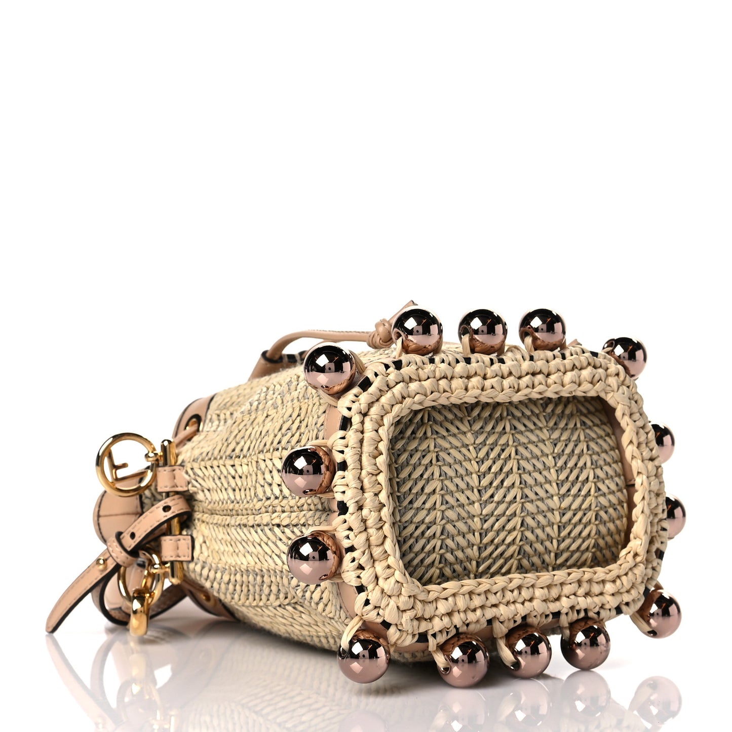 Raffia Pearl Herringbone Embellished Mini Mon Tresor Bucket Bag