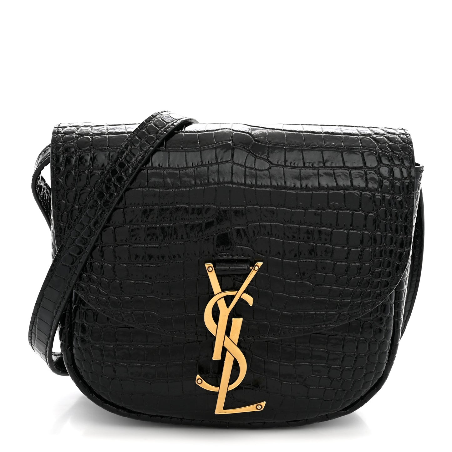 Crocodile Embossed Calfskin Small Kaia Satchel Black