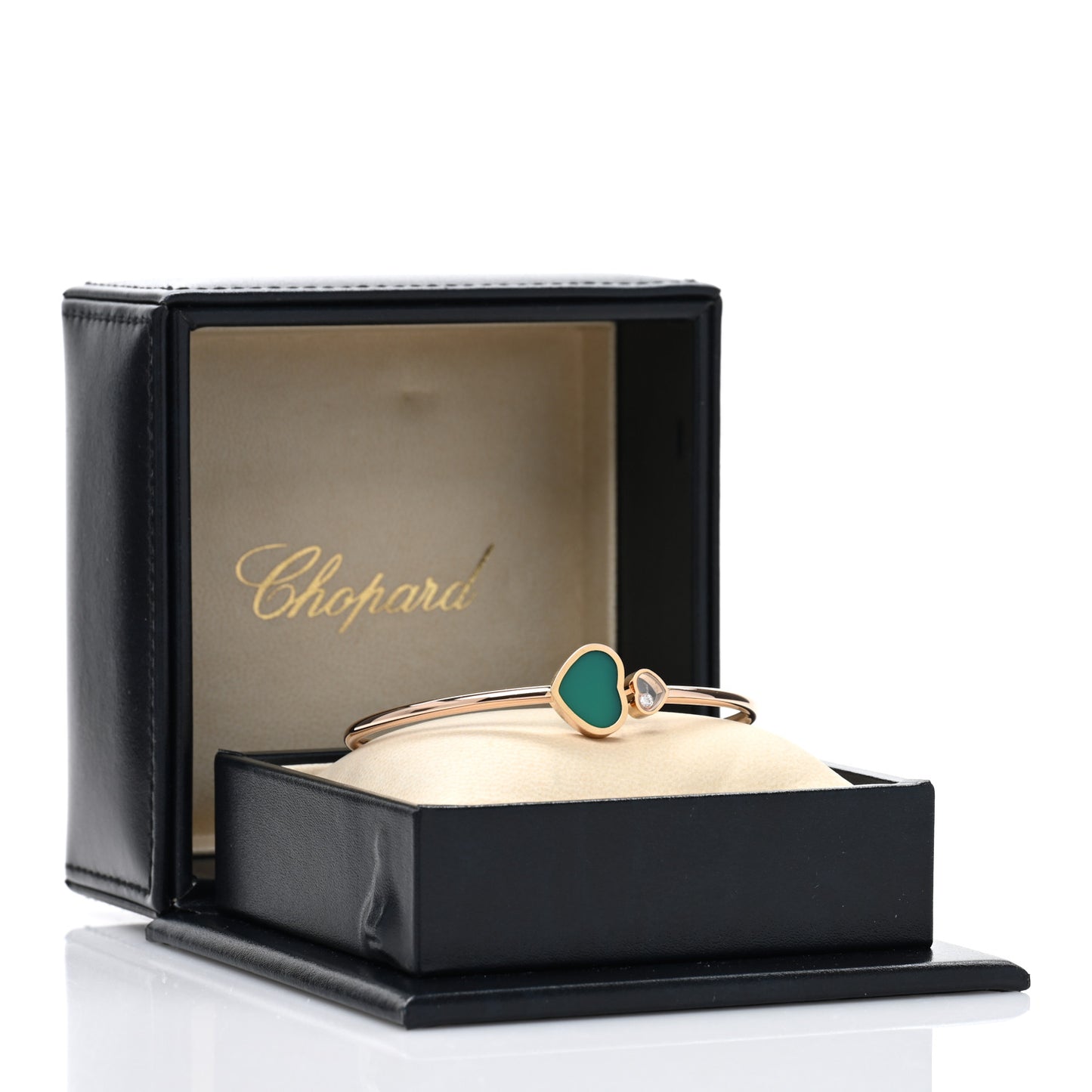 18K Rose Gold Diamond Green Agate Happy Hearts Bangle Bracelet