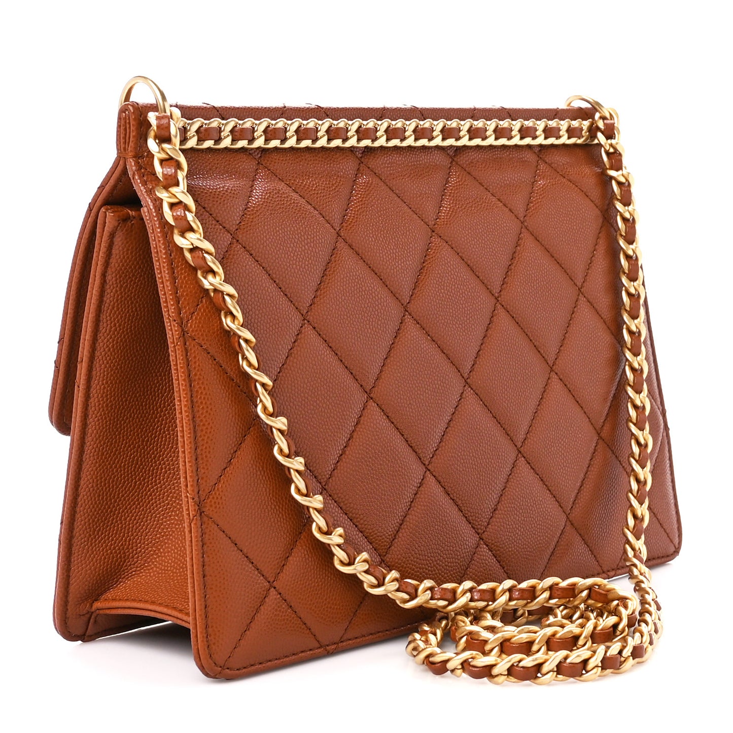 Caviar Quilted Chain Frame Flap Light Brown