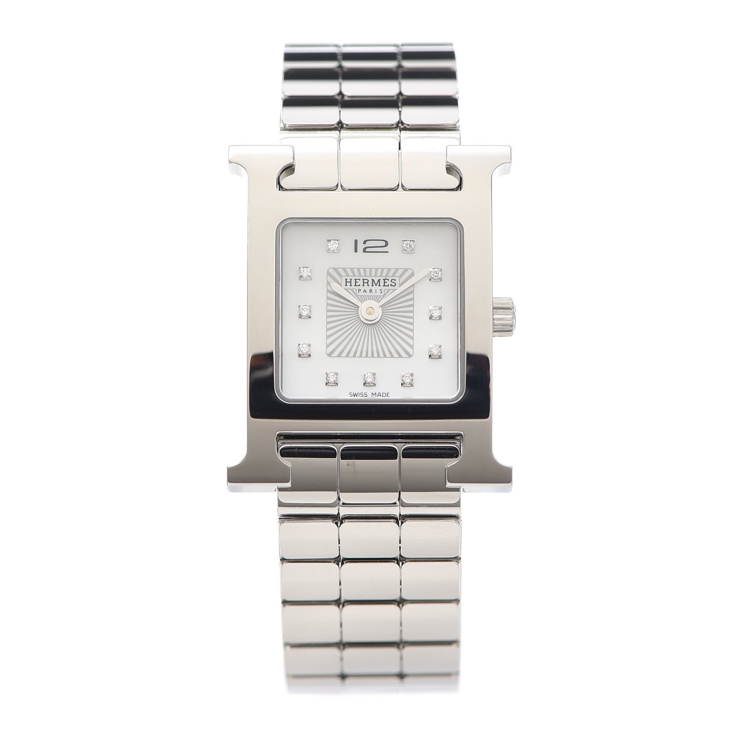 Hermes Stainless Steel Diamond Mother of Pearl 21mm Heure H Hour Quartz Watch 1 of 6