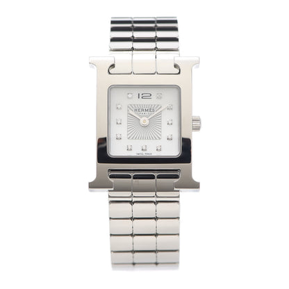 Hermes Stainless Steel Diamond Mother of Pearl 21mm Heure H Hour Quartz Watch 1 of 6