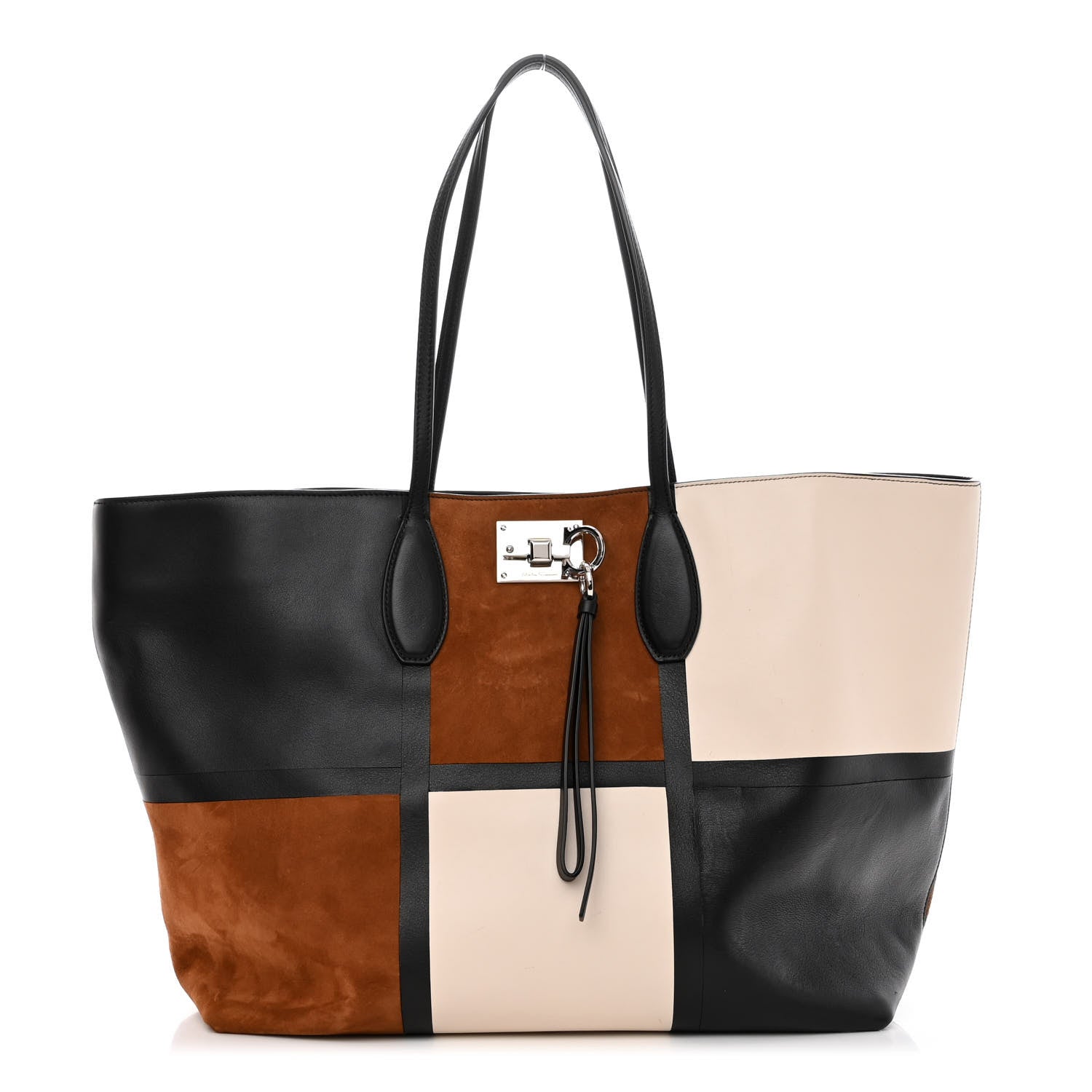 Salvatore Ferragamo Calfskin Suede Patchwork Studio Tote Black White Brown 1 of 9